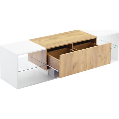 Moderne TV-Kommode 160 cm in Weiß und Holzoptik mit 2 Schubladen und LED für TVs bis 70 Zoll (1/5)