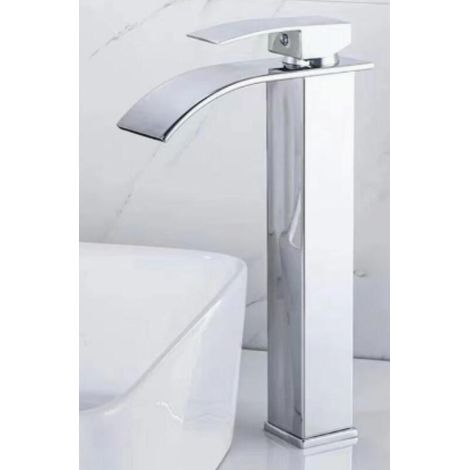 Robinet de salle de bain style cascade – Mitigeur eau chaude/eau froide monotrou – Bec courbé – Haut – Chrome – Argent : 17 x 6 x 30,5 cm (1/5)