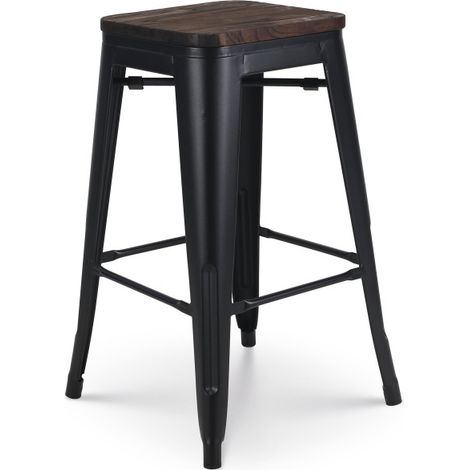 Barhocker aus mattschwarzem Metall im Industriestil und Sitz aus dunklem Holz - Höhe 66 cm