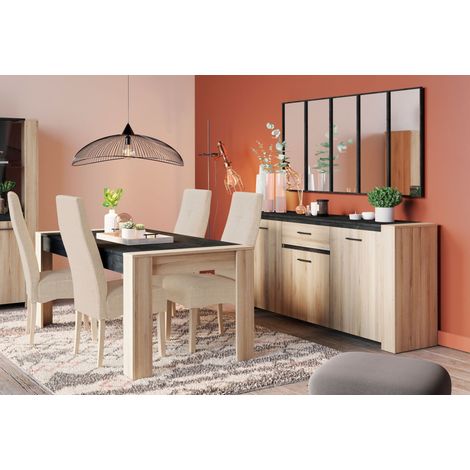 Ensemble salle à manger 6 places – Table 170x90 cm et buffet 3 portes – Chêne Kronberg et décor sidewalk – Rangement optimisé – Demeyere