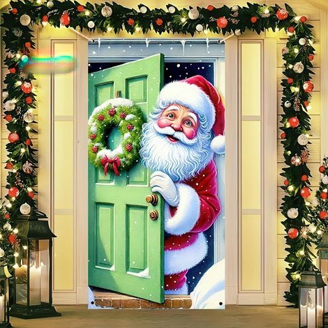 Stickers de porte de Noël, décorations de porte Père Noël, décorations de fête du Nouvel An, décorations de fêtes, banderoles/décorations de porte - 90 x 180 cm (avec trous et ruban) - 18