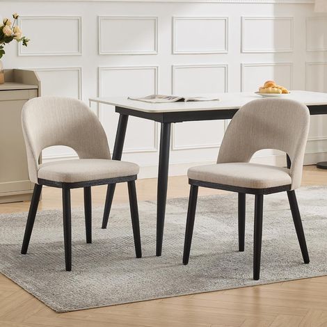 Lot de 2 Chaises de Salle à Manger Rembourrées en Lin, Dossier Haut Ajouré, Assise Profonde, Pieds en Bois, Style Farmhouse Moderne, Beige (1/5)