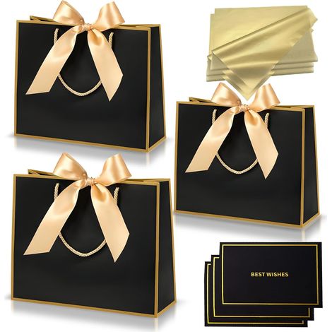 3 pièces Sacs Cadeau Or Noir,Pochettes Cadeau en Papier Moyen avec Anse,Emballage Cadeaux avec Ruban d'Arc 3 Cartes 6 Mouchoirs,pour Anniversaires Mariages Fêtes Noël Paquet Luxe Elégantes (1/5)