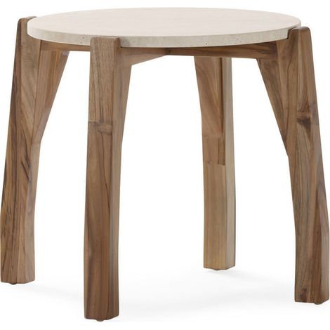 Table d'appoint ronde en teck et travertin - naturel et crème (1/4)