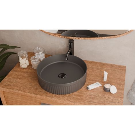 Vasque à poser cannelée BEYOND Ø 40 cm Gris Foncé Mat (1/5)