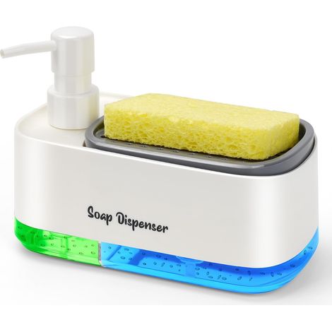 Set distributeurs savon cuisine double pompe, porte-éponge 3‑en‑1, blanc, accessoire pratique pour évier. (1/5)