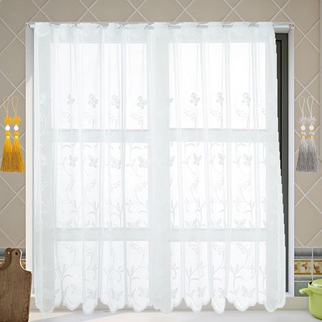 Rideau brise-bise 120 x 150 cm semi-transparent avec broderie papillon et fleur - 1 pièce + 4 pompons (doré et argent) - Avec œillets - Rideau de cuisine - Blanc (1/5)