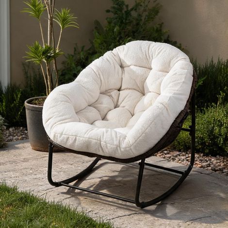 Fauteuil à bascule en rotin synthétique blanc avec coussin (1/5)
