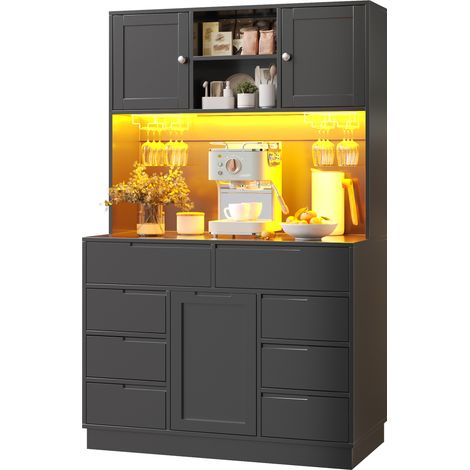 Meuble colonne de cuisine noir avec LED intelligente, 8 tiroirs, étagères réglables, fermeture magnétique, MDF et métal, 120 x 40 x 183,5 cm  CHICFURN (1/5)