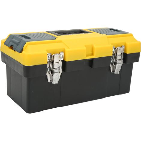 Boîte à outils portable à 2 niveaux pour électricien domestique, rangement pour outils et quincaillerie, en plastique épais de 36,5 x 18,5 x 17,5 cm (14 pouces), fermeture en fer de haute qualité. (1/5)