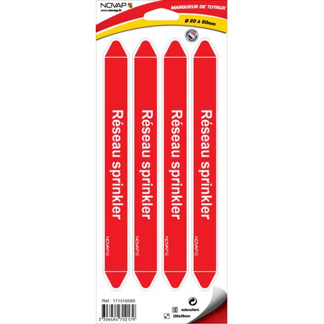 Planche de 4 marqueurs de tuyauterie 250 x 26 mm pour Ø 20 à 50 mm - Réseau sprinkler - 4702179