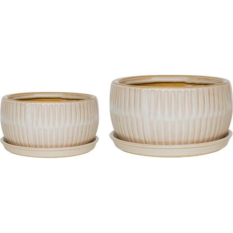 Round Bonsai Planter Set of 2 - Cement - L24.5 x W24.5 x H12 cm - White