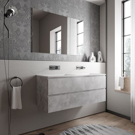 BERNSTEIN - Grand meuble vasque de salle de bain MDF aspect béton avec lavabo fonte minérale Blanc mat - 120x45,6x50cm - AVA CREAM - Béton, Blanc mat sans trou pour robinetterie
