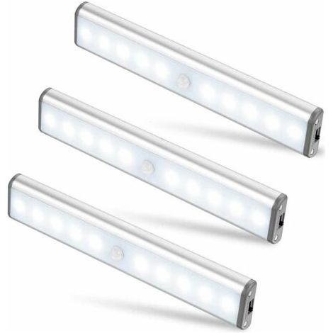 Drei kabellose, per USB aufladbare Schrankleuchten mit je 10 LEDs, magnetischem Bewegungsmelder, zwei Beleuchtungsmodi und tragbarer Konstruktion. Ideal als Schrankbeleuchtung, Notbeleuchtung oder Nac