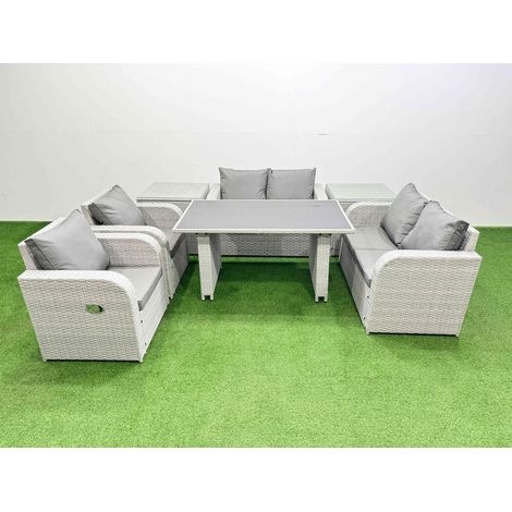 Fimous Outdoor PE Rattan Sofa Reclining Chair Set Patio Garden Furniture Sets with Cushions 2 Side Tables Light Grey 7 Pieces (1/4)