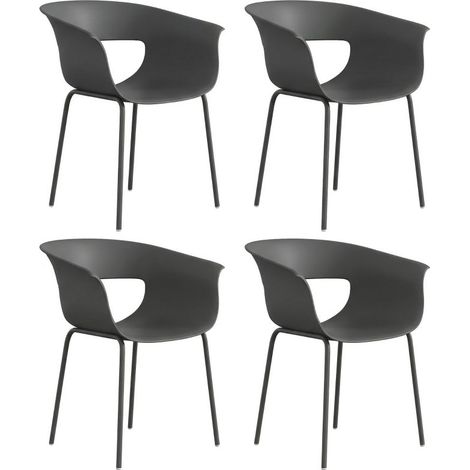 Lot de 4 chaises d'extérieur ergonomiques avec accoudoirs ajourés. Résistantes aux intempéries et à la rouille, couleur gris foncé (1/4)