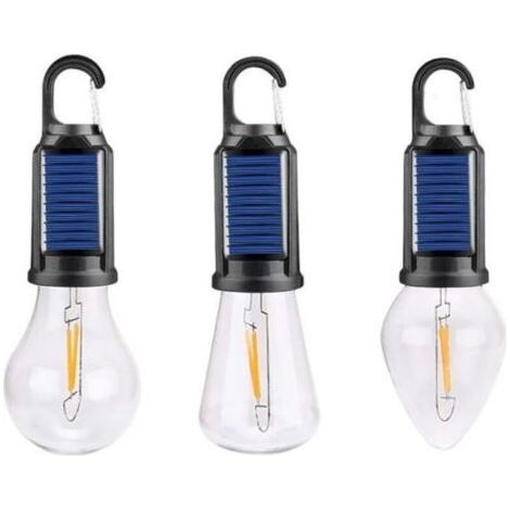 Lampe solaire de camping rechargeable, noire, 17,5 cm de haut, avec 3 clips et crochets pour la suspendre, rechargeable par USB.