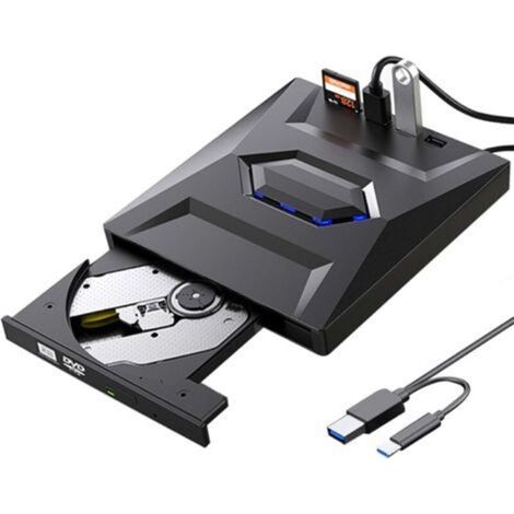Multifunktionaler USB 3.0- und Typ-C-CD/DVD-Brenner, 5-in-1 externes DVD-Laufwerk, Highspeed-Übertragung, kompatibel mit Windows 11/10, Mac, MacBook und Linux, Schwarz