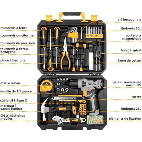 DEKO Tool Case with Drill Cordless Multifunction 8 V Tool Case Complete Tool Set with Drill for Repair, Maintenance and Work (1/4)