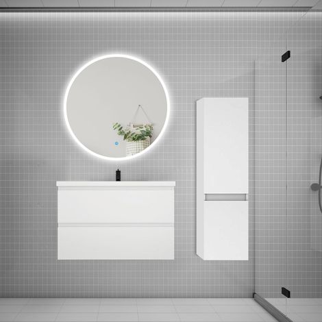 Ensemble meuble vasque L.79cm 2 tiroirs + lavabo + LED miroir rond 90cm + colonne A,blanc