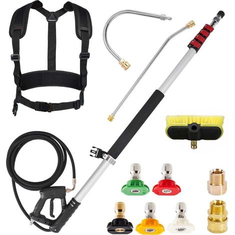 Barres d'extension pour nettoyeur haute pression 6 m avec 2 baguettes d'extension, 5 embouts de buse de pulvérisation, 2 coupleurs et ceinture de soutien pour Le Lavage des fenêtres de Toit (1/5)