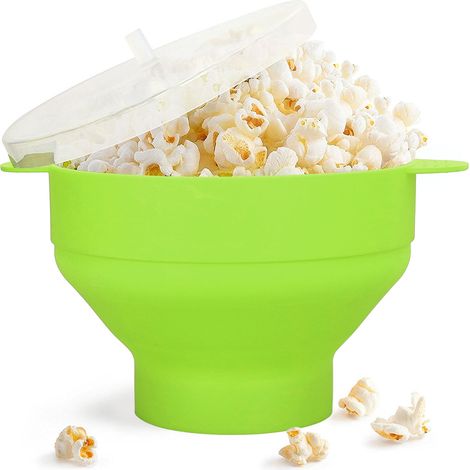 Große Popcornschüssel aus Silikon mit Deckel und Griff, mikrowellen- und ofenfest, Silikoneimer, temperaturbeständig von -40℃ bis +230℃, grün. (1/5)