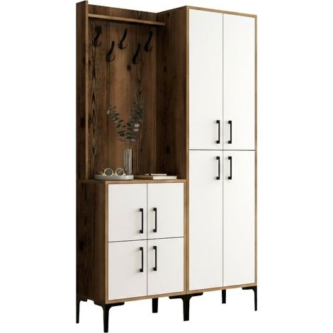 Dmora - Mobile da ingresso Castor, Entratina appendiabiti, Composizione per atrio, Consolle portaoggetti multifunzione, 120x35h200 cm, Noce e Bianco, con imballo rinforzato, con imballo rinforzato