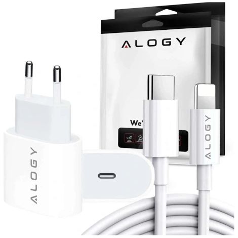 Caricabatterie da parete Alogy Fast USB-C PD da 20 W + cavo Lightning da 1 m per iPhone, bianco (1/5)
