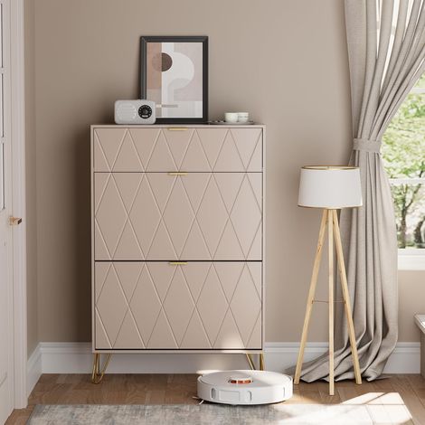 UEV Armoire à Chaussure Inclinable, Meuble à Chaussures pour 16 Paires, 3 Compartiments (2 Rangements Chaussure+1 Étagère Caché) (80 x 24 x 120 cm, Cachemire) (1/5)