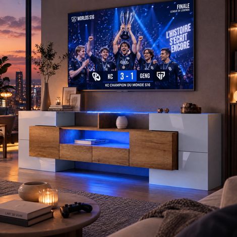 JOOKGBD-Meuble TV Moderne 200×35×60cm, Blanc Brillant et Décor Bois, Eclairage LED Multicolore, Surface Verre, 6 Portes et 2 Tiroirs, Grand Rangement, Structure MDF Robuste pour Salon