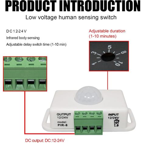 Interruptor automático con sensor de movimiento ajustable de 12 V CC y 8 A para armarios, sala de estar, escaleras, garaje y tiras de luces LED. (1/3)