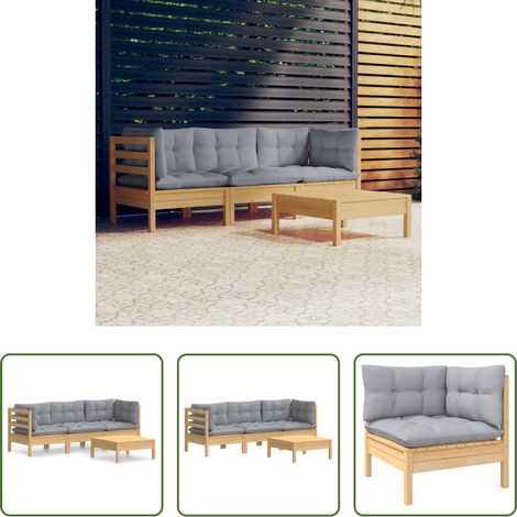 vidaXL Gartenlounge - 4-tlg. Garten-Lounge-Set mit Grauen Kissen Kiefernholz (1/5)