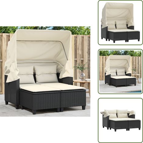 Canapé de jardin 2 places avec auvent et tabourets noir rotin - Canapé De Jardin - Mobilier De Jardin - Salon De Jardin - Résine Tressée - Rotin Artificiel (1/5)