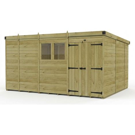 13ft x 10ft Pent Garden Shed Double Door With Windows - Pressure Treated Timber - L396 x W305 x H210 cm - Natural