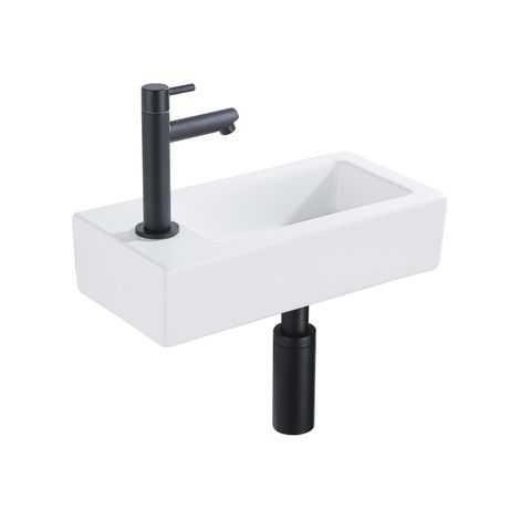 Fortifura Fuente Pack Lave-mains - 36x18.5x9cm - 1 trou de robinet - solid surface - robinet Noir mat - Blanc mat (1/5)