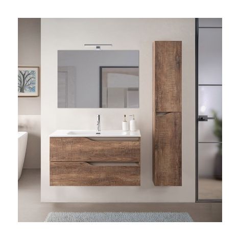 Mobile bagno sospeso 100cm tabacco e tortora con pensile e lavabo Sumya