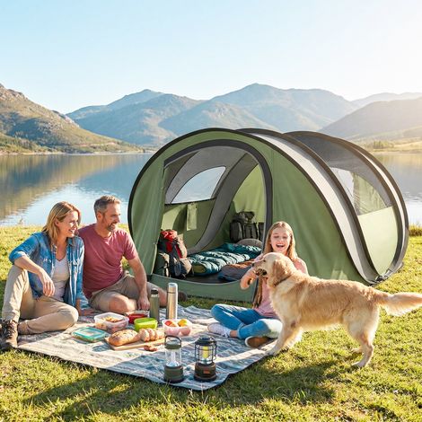 Tente de Camping Pop-Up 4-5 Personnes, 2 Portes, 2 Fenêtres, Imperméable, Vert (1/5)