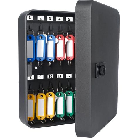 Gabinete de llaves de acero con 28 llaves, organizador de cerradura de combinación con caja digital de código reiniciable y llaveros de 4 colores. (1/5)