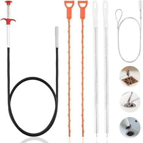 Set of 6 Drain Unblockers – 1.6m Pliers, Drain Snake, Cleaning Brush and Bottle Brush for Kitchen, Bathroom, Shower, Refrigerator - (1/5)