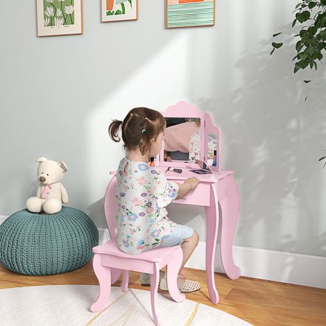 Tocador Infantil con Taburete y Espejo Ajustable Tocador para Niñas de 3-6 Años con Cajón Rosa (1/5)