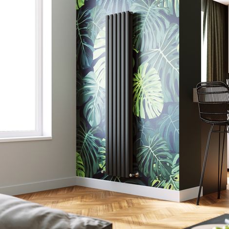 ELEGANT Vertical Radiator 1800 x 354mm Double Panel Designer Anthracite Oval Column Heating Rad with Angled Radiator Valves (1/5)