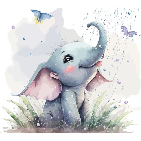 Papier peint panoramique Enfants - Éléphant Papillons - 130 cm x 84 cm (1/2)