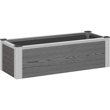 Jardinière surélevée grise, mesurant 75 x 30 x 22 cm, en composite bois-plastique et aluminium. (1/5)