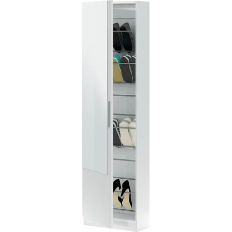 Meuble à chaussures blanc avec miroir – 180 cm (hauteur) x 50 cm (largeur) x 22 cm (profondeur) – Capacité 16 paires – Poignée métal chromé – Forex (1/5)