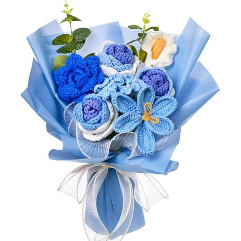 Ramos de flores tejidos a crochet, ramos de rosas, tulipanes y calas, regalos de cumpleaños, graduación, decoración del hogar, regalos para mamá, papá, pareja y amigos, regalos azules. (1/4)