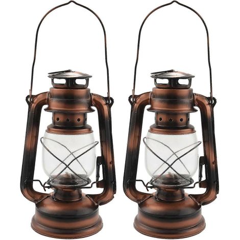 Lot de 2 lampes à pétrole de 25 cm en fer bronze antique (avec couvercle), style nostalgique, portables, pour le camping et les activités de plein air. Leak Pro (1/5)