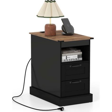 Nightstand with charging station, narrow side table with open storage compartment & 2 drawers, black (1/2)