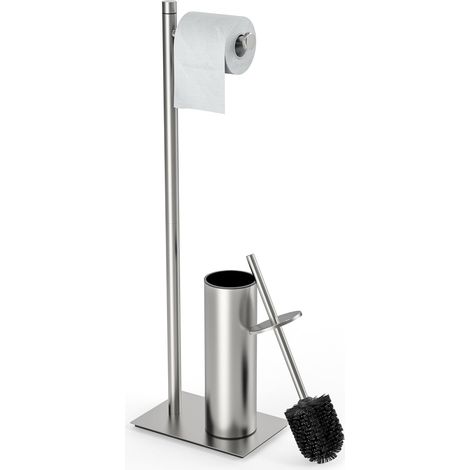 Support de papier toilette avec brosse de toilette et support, en acier inoxydable 304, support de rouleau de papier toilette autoportant, base lestée, robuste (nickel brossé) (1/5)