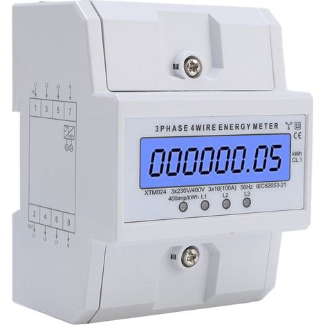 Electricity Meter 3 Phase 4 Wires LCD Backlight Digital Display DIN Rail Voltmeter Ammeter for Office School White