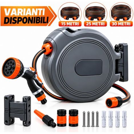 Avvolgitubo Automatico Acqua a Parete 15 25 30m Girevole 180° Lancia 9 Getti  15 Metri (1/5)